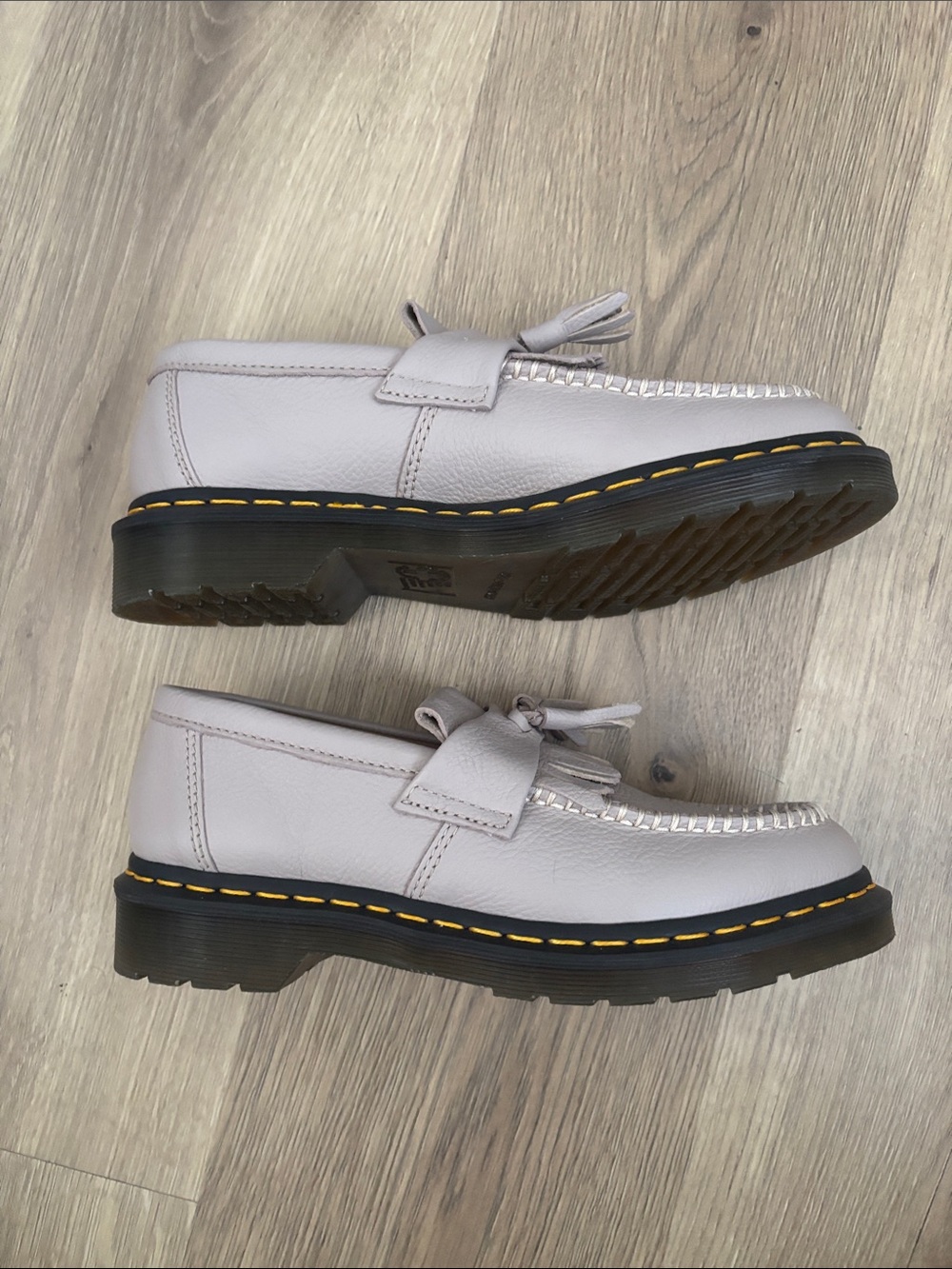 Dr. Martens Light Taupe Tassel Loafers with Yellow Welt Stitching